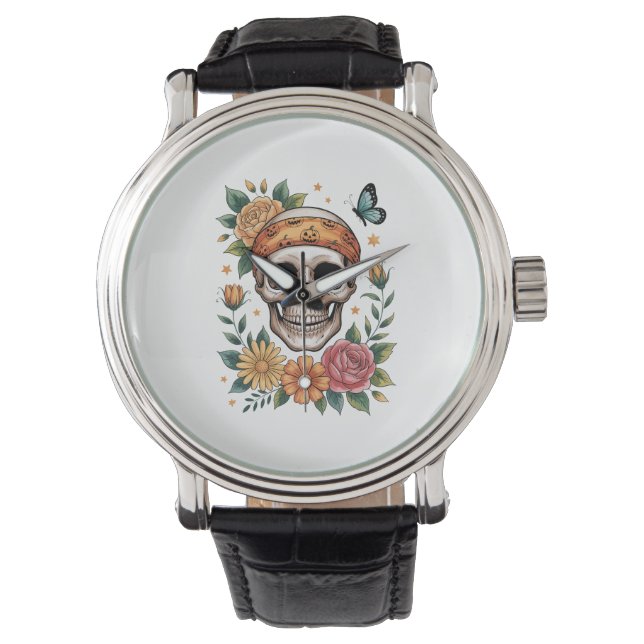 Reloj De Pulsera Skull Floral Halloween Spooky (Anverso)