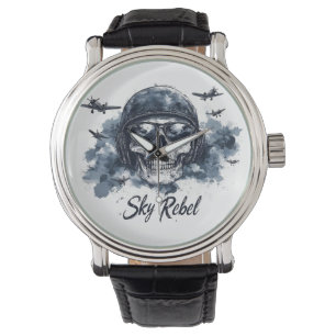 Reloj De Pulsera Skull Sky Rebel con casco piloto y gafas de sol