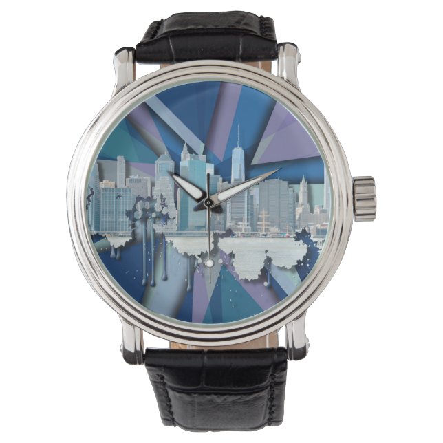 Reloj De Pulsera Skyline de Nueva York | Azul 3D (Anverso)