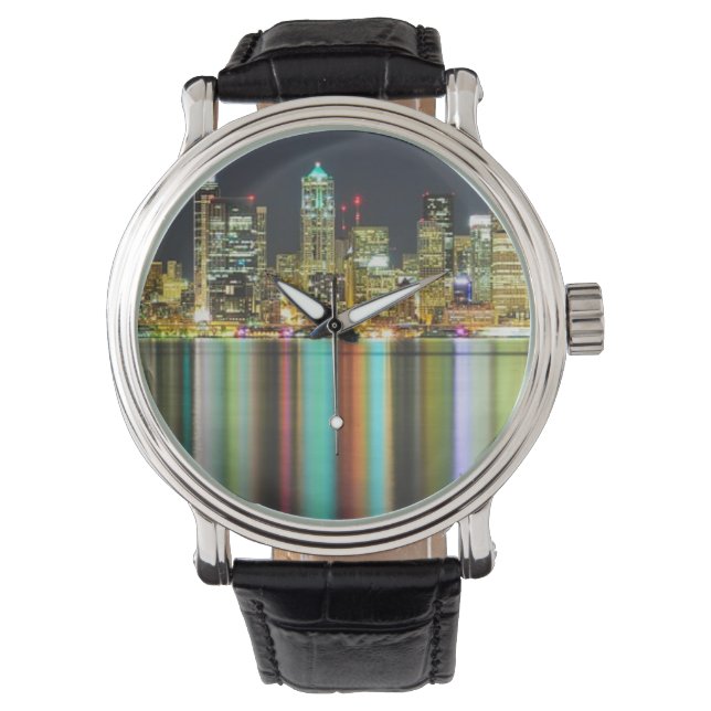 Reloj De Pulsera Skyline Seattle de noche con reflexión (Anverso)