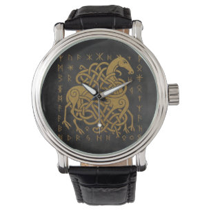 Reloj De Pulsera Sleipnir, Caballo Áureo Nórdico con Símbolo de Run