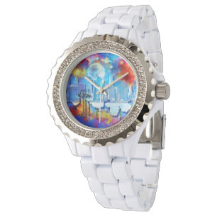 Reloj De Pulsera SlipperyJoe NYC grafiti luna rodeada de remolinos 