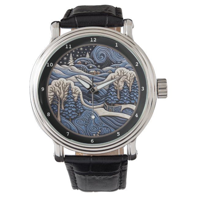 Reloj De Pulsera Snowy Village Scene with Winter Trees (Anverso)