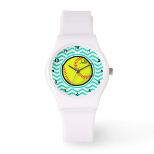 Reloj De Pulsera Softball; Aqua Green Chevron