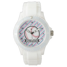 Reloj De Pulsera Softbol; franjas azul, rosa y blanca, deportes