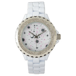 Reloj De Pulsera Sol Luna Estrellas Celestiales Negras y Rosadas