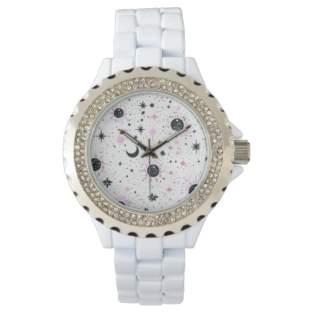 Reloj De Pulsera Sol Luna Estrellas Celestiales Negras y Rosadas (Anverso)
