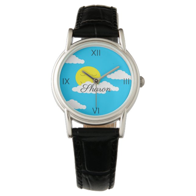 Reloj De Pulsera Sol sonriente con nubes esponjosas: (Anverso)