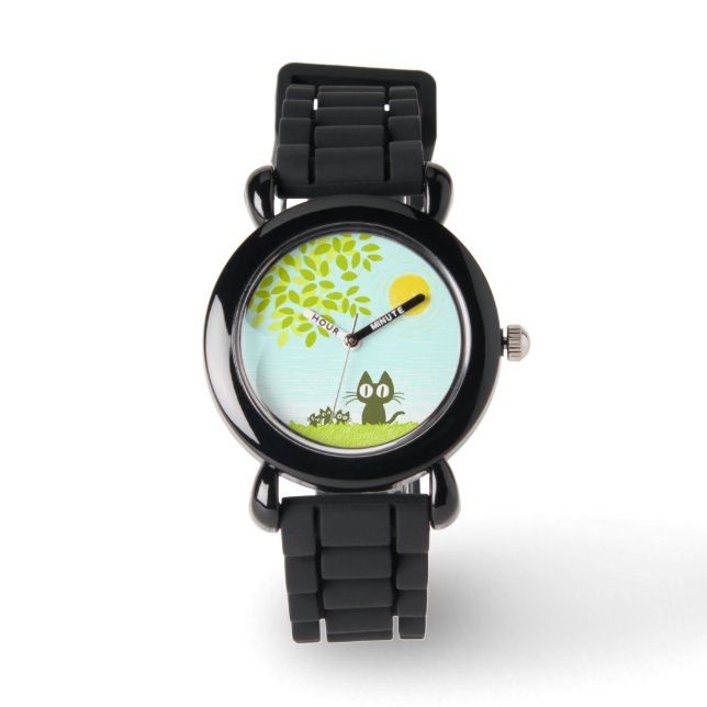 Reloj De Pulsera Sol y hojas y gato negro (Anverso)