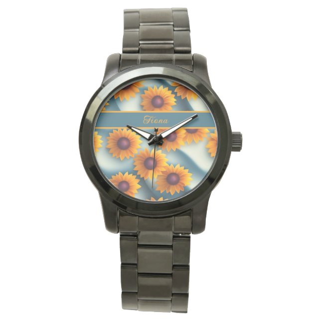 Reloj De Pulsera Sonnenblumen mit blauem Hintergrund Muster (Anverso)