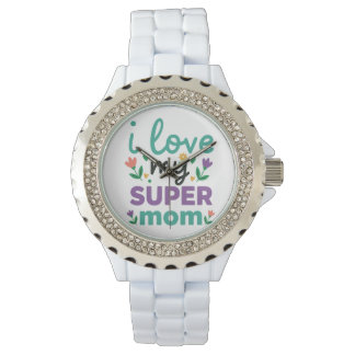 Reloj De Pulsera Sparkling Diamond Bezel Super Mom White Link Watch