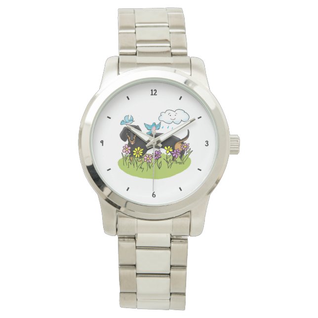 Reloj De Pulsera Spring Dachshund (negro y marrón) Perro lindo (Anverso)