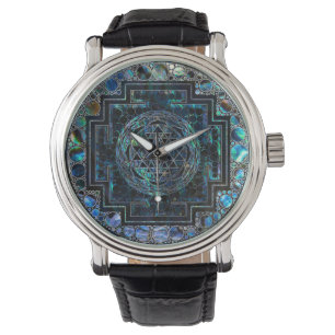 Reloj De Pulsera Sri Yantra / Sri Chakra Abalone Shell y Silver