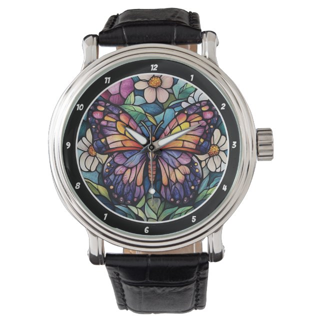 Reloj De Pulsera Stained Glass Garden" - Butterfly & Floral  (Anverso)