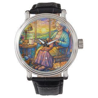 Reloj De Pulsera Stained Glass Grandma Knitting, Cat & Cozy Home 