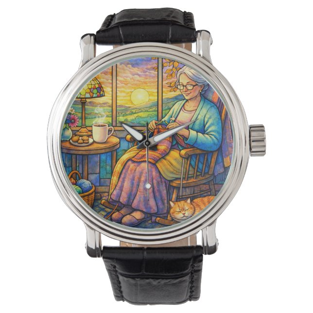 Reloj De Pulsera Stained Glass Grandma Knitting, Cat & Cozy Home  (Anverso)