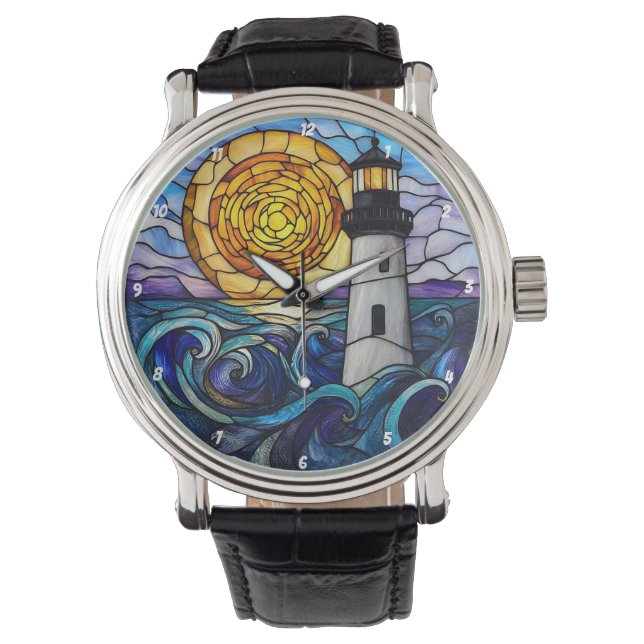 Reloj De Pulsera Stained Glass Lighthouse Ocean Sunset (Anverso)