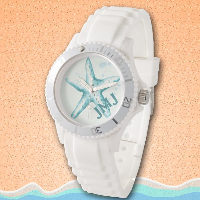 Reloj De Pulsera Starfish Aqua Beachy Iniciales Agua De Verano (Beachy watercolor starfish)