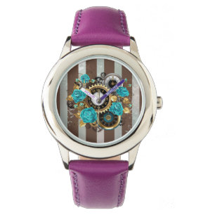 Reloj De Pulsera Steampunk Clock and Turquoise Roses on Striped