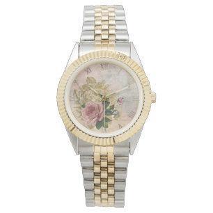 Reloj De Pulsera Steampunk Glam   Floral Rústica Rosa y Oro Rosa