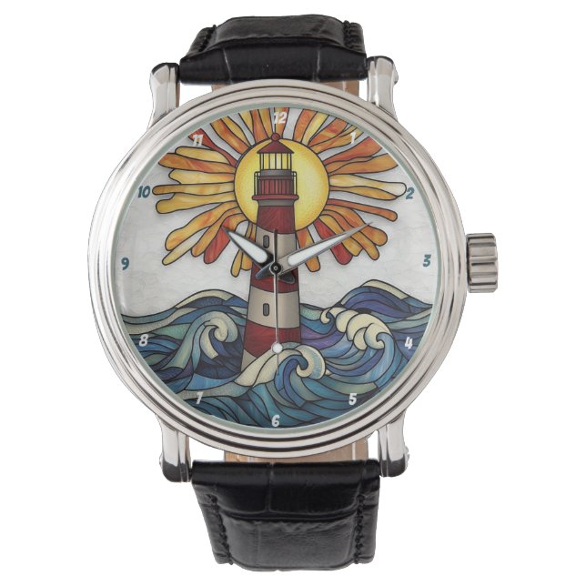 Reloj De Pulsera Striking Lighthouse Sun Ocean Waves (Anverso)
