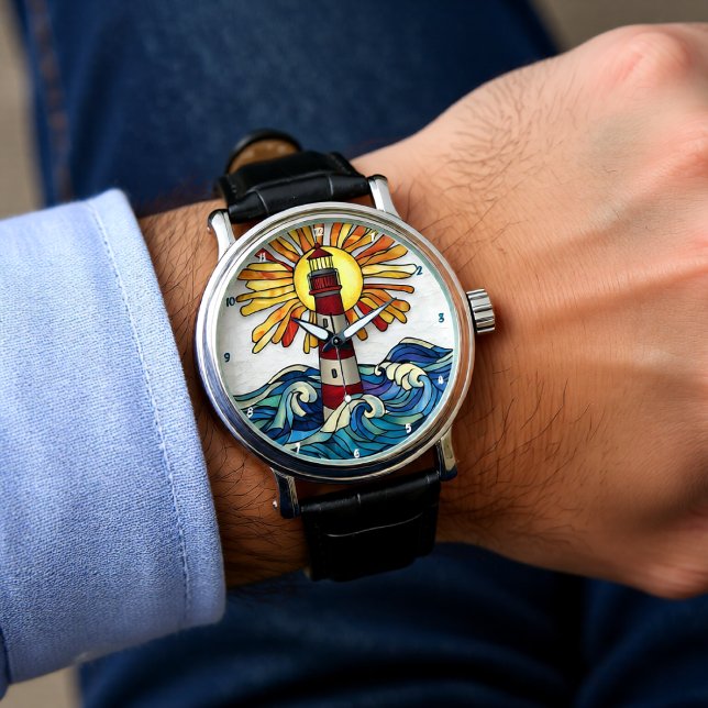 Reloj De Pulsera Striking Lighthouse Sun Ocean Waves (Subido por el creador)