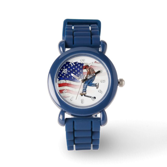 Reloj De Pulsera Stunt Scooter Rider y la bandera de los Estados Un (Anverso)