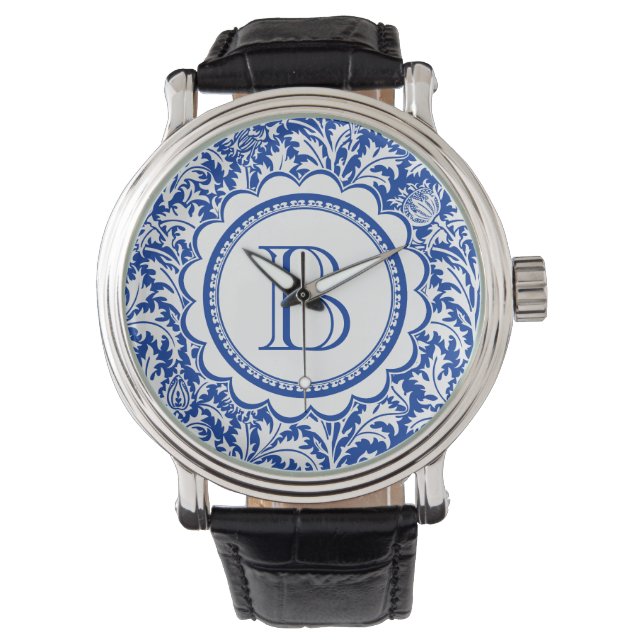 Reloj De Pulsera Su Monograma William Morris Azul y Blanco (Anverso)