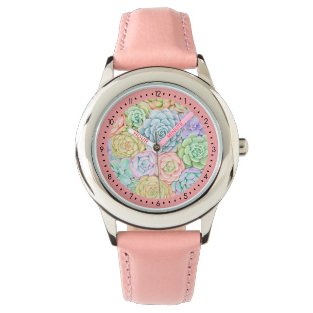 Reloj De Pulsera Suculento Jardín acuarela Colorido Pastel Rosa (Anverso)