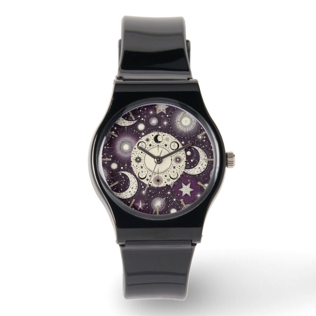 Reloj De Pulsera Sueños celestes morados y blancos: Luna y estrella (Anverso)