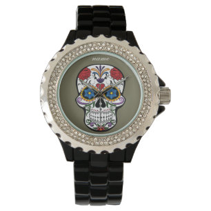 Reloj De Pulsera SUGAR SKULL   texto editable con flores