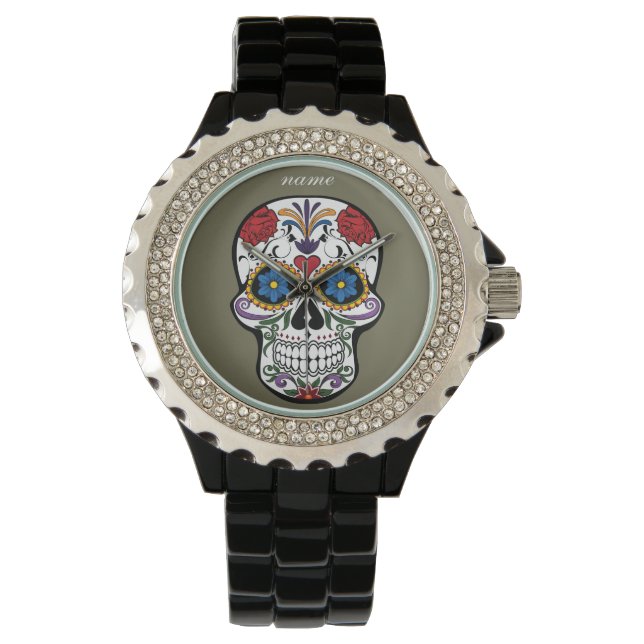 Reloj De Pulsera SUGAR SKULL | texto editable con flores (Anverso)
