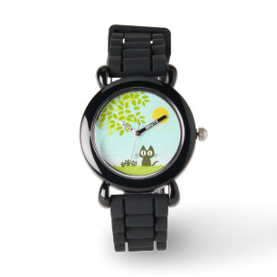 Reloj De Pulsera Sun y hojas y gato negro