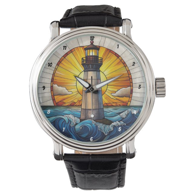 Reloj De Pulsera Sunny Lighthouse Waves Stained Glass (Anverso)