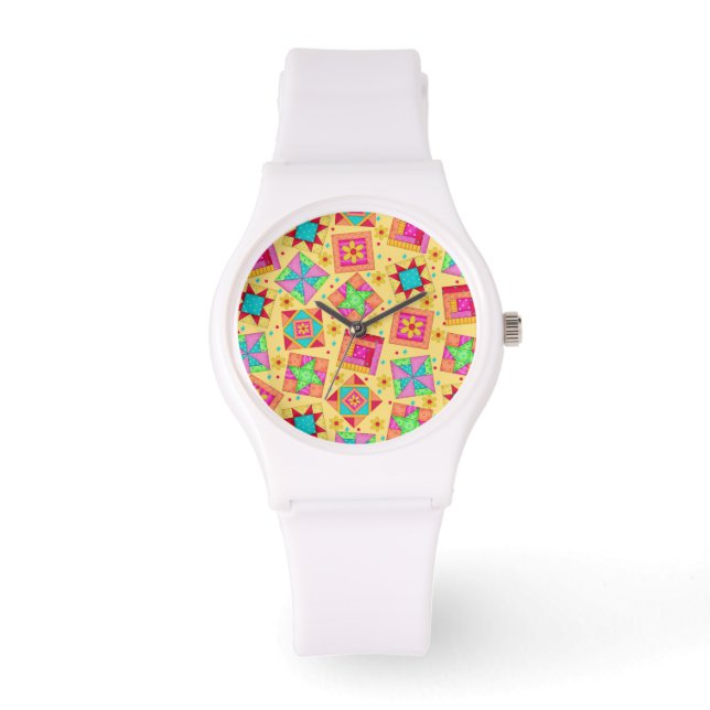Reloj De Pulsera Sunny Yellow Patchwork Quilt Art Blocks (Anverso)