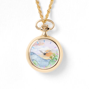 Reloj De Pulsera Sunset acuarela sobre montañas y árboles