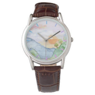 Reloj De Pulsera Sunset acuarela sobre montañas y árboles