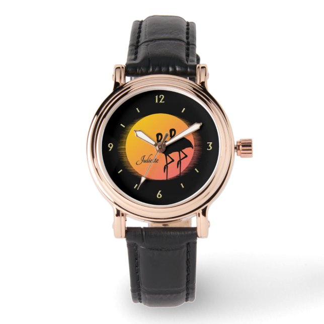 Reloj De Pulsera Sunset Flamingos Personal con Nombre (Anverso)