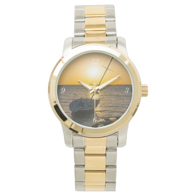 Reloj De Pulsera Sunset Sailboat Shipwrect Golfo Breeze Gold Watch (Anverso)