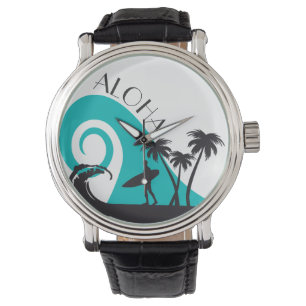 Reloj De Pulsera Surf Aloha moderno y palmeras