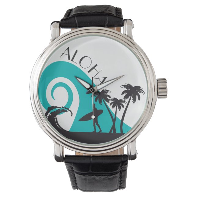 Reloj De Pulsera Surf Aloha moderno y palmeras (Anverso)