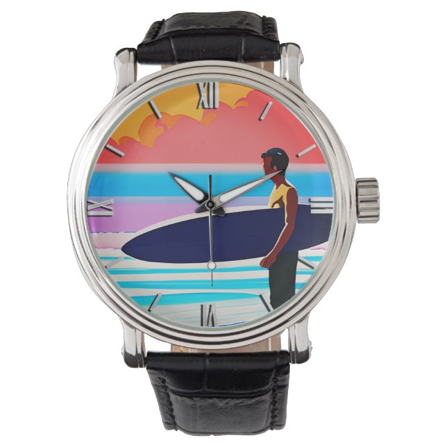 Reloj De Pulsera Surfista en una playa al atardecer (Anverso)