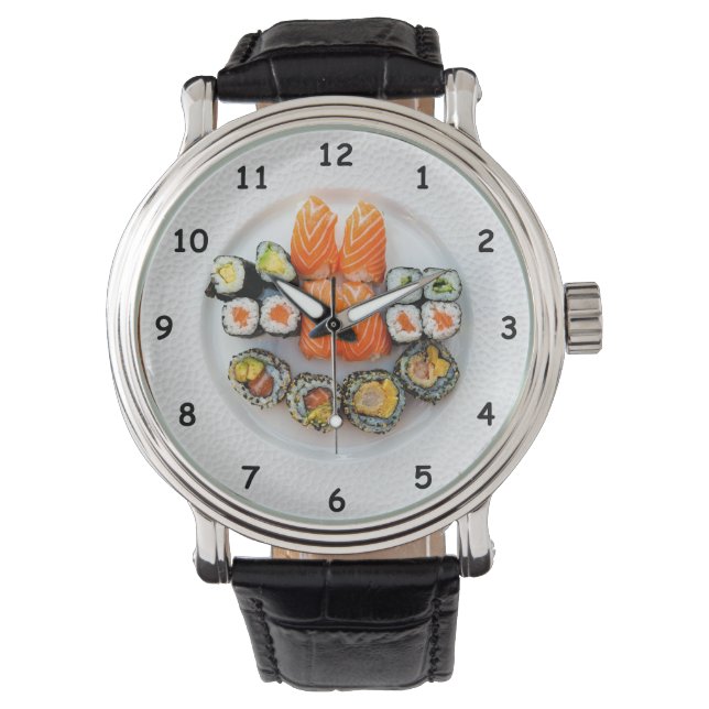 Reloj De Pulsera Sushi y Salmón Guay en una placa blanca (Anverso)