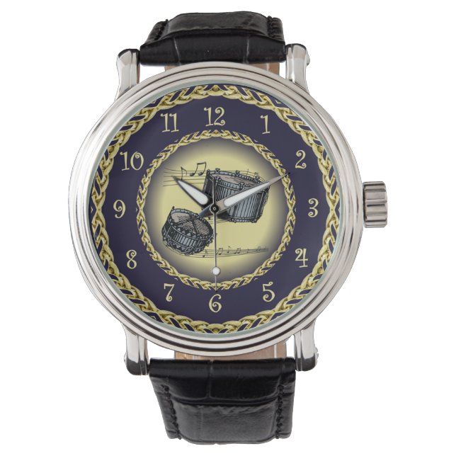 Reloj De Pulsera Tambores Snare ~ Desplazamiento musical ~ Oro/Azul (Anverso)