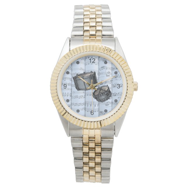 Reloj De Pulsera Tambores Snare ~ Rolling Sheet Music ~ Blue Tint B (Anverso)