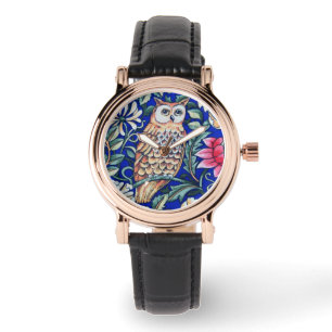 Reloj De Pulsera Tapiz de búho William Morris, azul beige y cobalto
