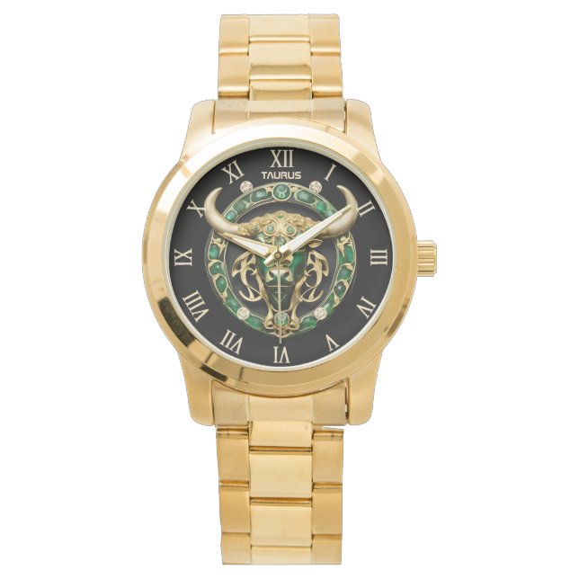 Reloj De Pulsera Taurus Bull, Esmeralda y Oro Personalizado (Anverso)