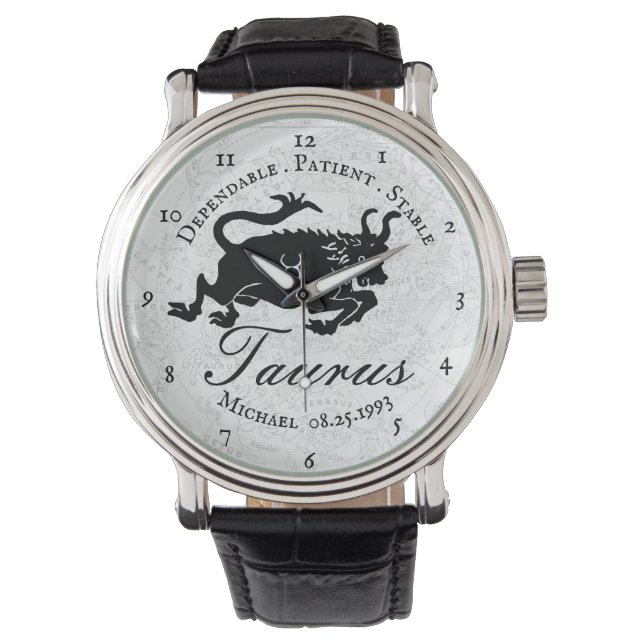Reloj De Pulsera Taurus Zodiac Black White Astrologics Traits Perso (Anverso)