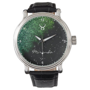 Reloj De Pulsera Taurus Zodiac Rótulo Verde azulado Purpurina verde