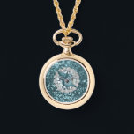 Reloj De Pulsera Teal Faux Glitter & Seashell<br><div class="desc">Beautiful gold watch necklace featuring Teal Faux glitter & Seashell design</div>